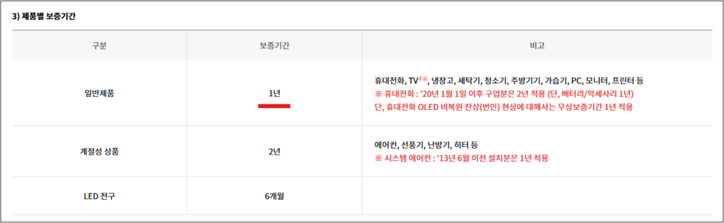 무료 수리 보증기간
