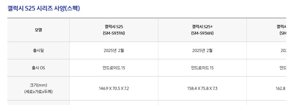 갤럭시 S25 모델별 스펙 확인 