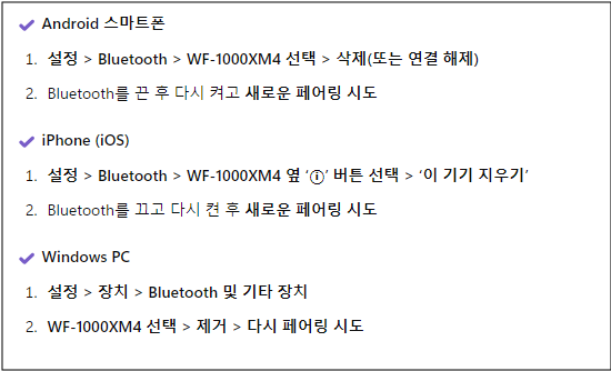 소니 WF-1000XM4 이어폰 페어링이 안돼요. 원인 및 조치방법 안내 Bluetooth 장치 정보 삭제 후 재페어링