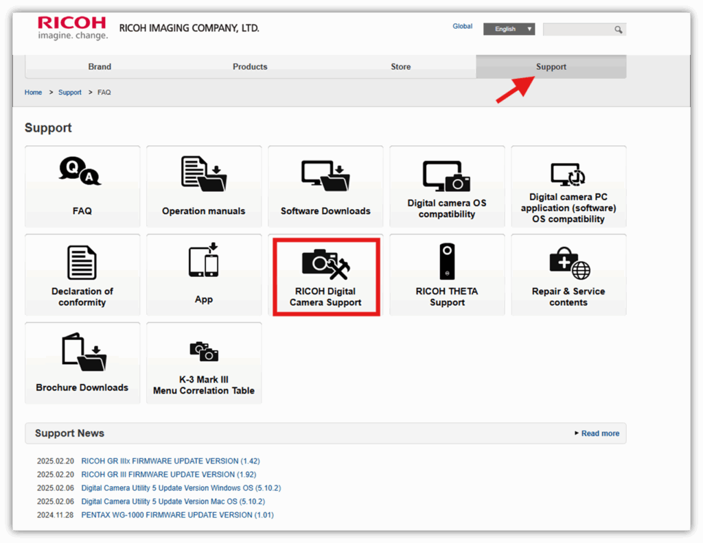 상단 [서포트 메뉴]를 클릭 후 [리코 디지털 카메라 서포트]를 선택